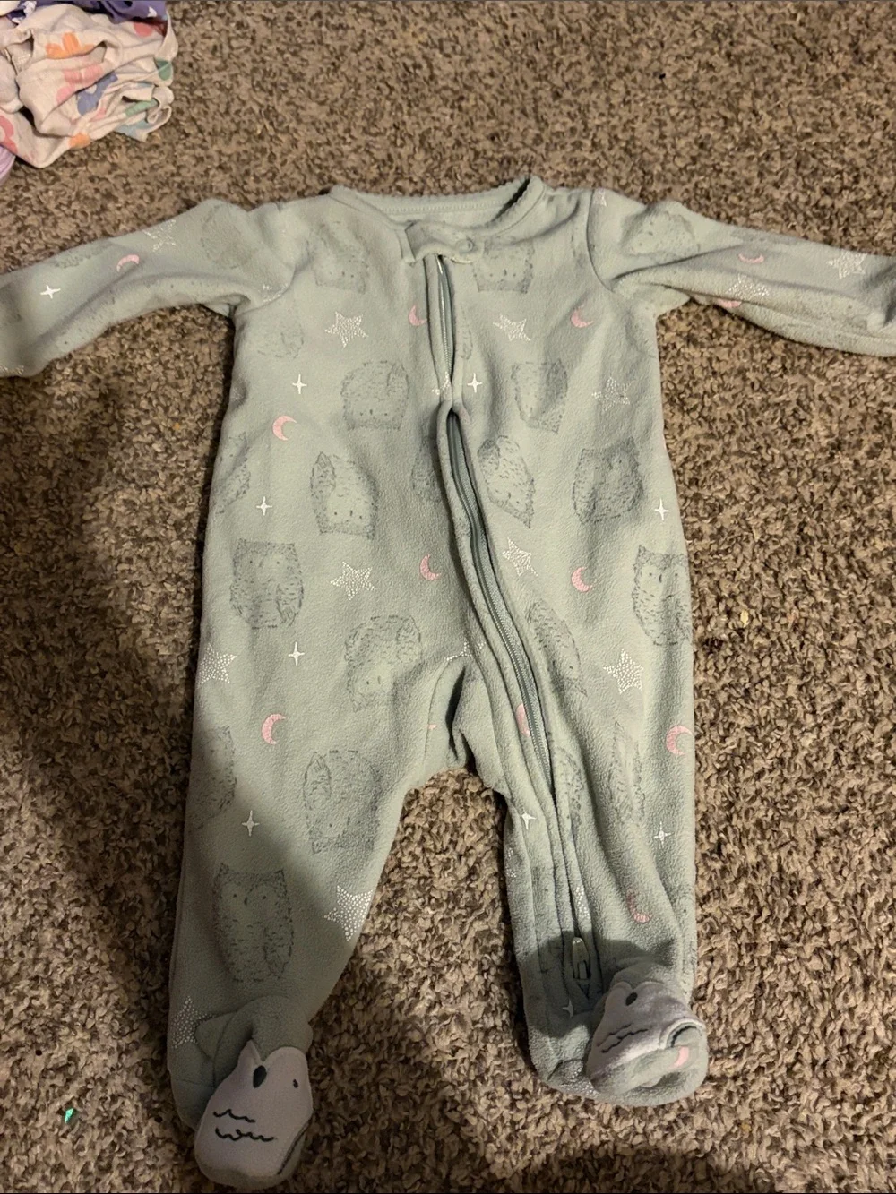 Carter's Sage Green Moon & Owl Fleece Footed One-Piece